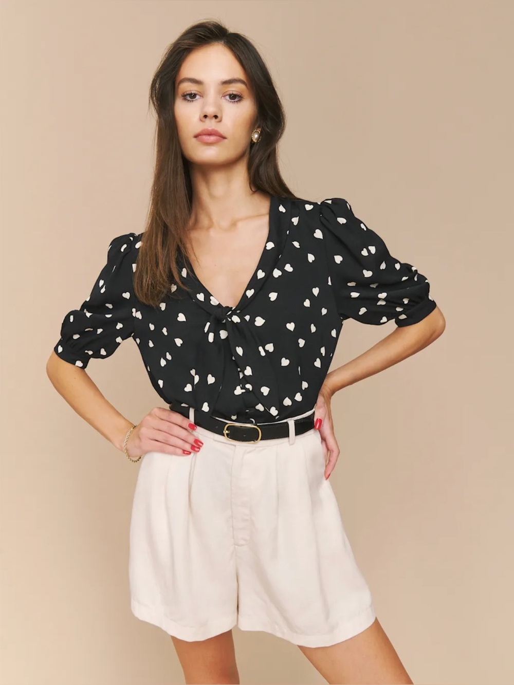 Reformation Joelle Top in Luv It Black w/ Cream White Hearts Size Small - Picture 2 of 8